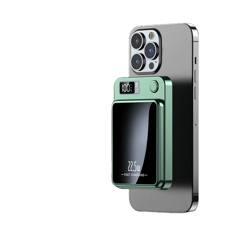 FABKITT Magnetic Wireless Portable Charger 10000mAh Battery Pack 22.5W PD Fast Charging LED Display USB-C Cable for iPhone Samsung Galaxy White (Green)